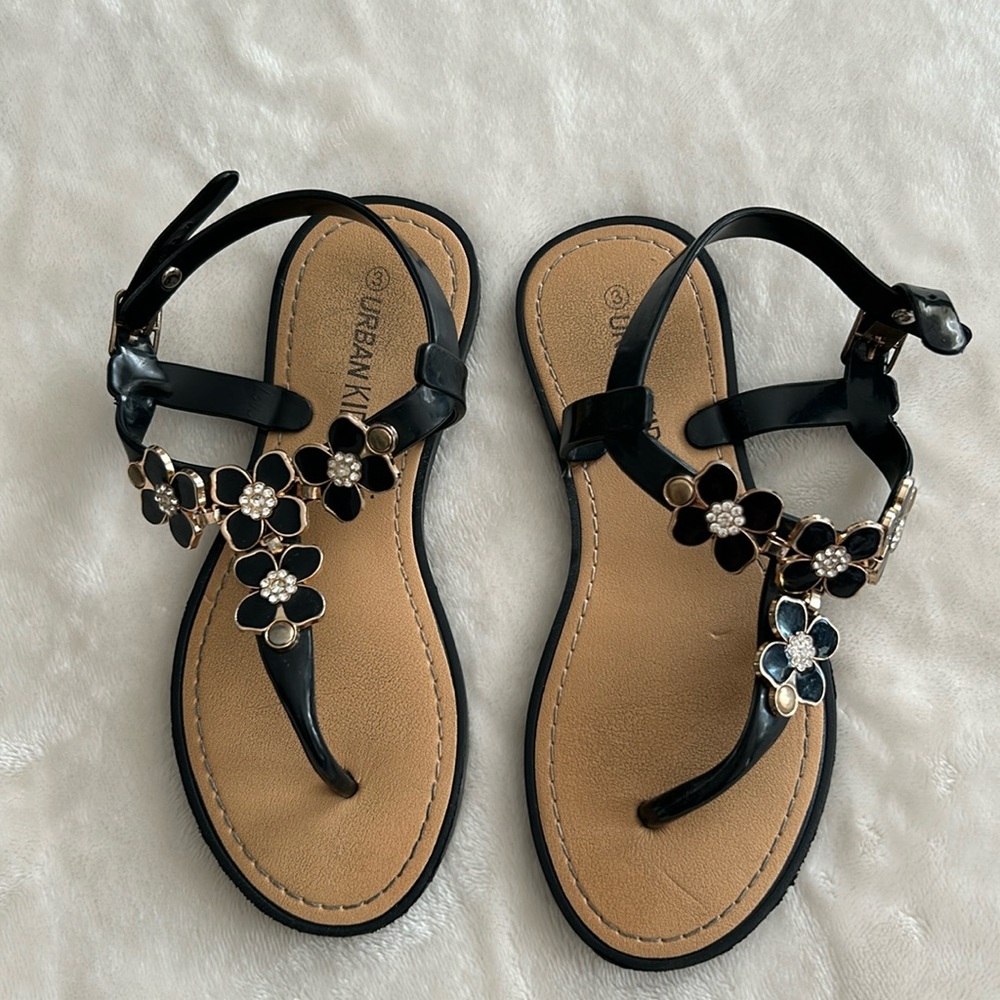 Urban Kids Black Floral T-Strap Sandals